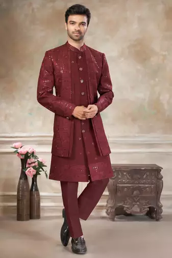 Maroon pure viscos with embroidery and sequence work indowestern collections
