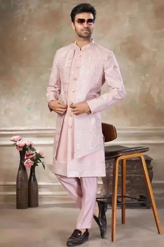 Pink pure viscos with embroidery and sequence work indowestern collections