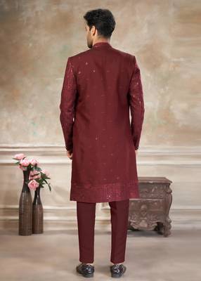 Maroon pure viscos with embroidery and sequence work indowestern collections 2