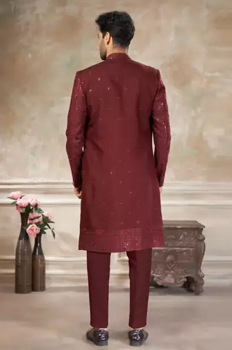 Maroon pure viscos with embroidery and sequence work indowestern collections