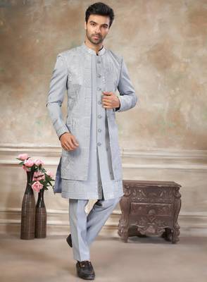 Grey pure viscos with embroidery and sequence work indowestern collections 1