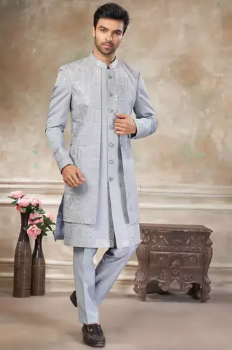 Grey pure viscos with embroidery and sequence work indowestern collections