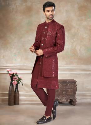 Maroon pure viscos with embroidery and sequence work indowestern collections 3