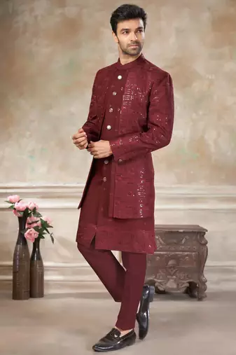 Maroon pure viscos with embroidery and sequence work indowestern collections