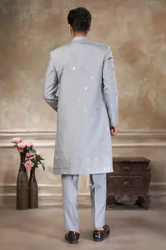 Grey pure viscos with embroidery and sequence work indowestern collections