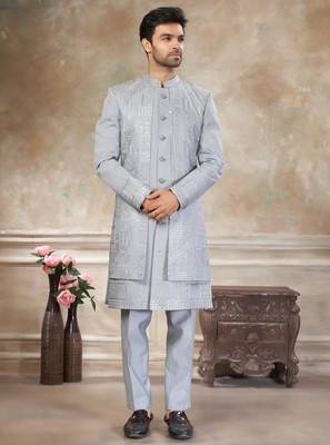Grey pure viscos with embroidery and sequence work indowestern collections 3