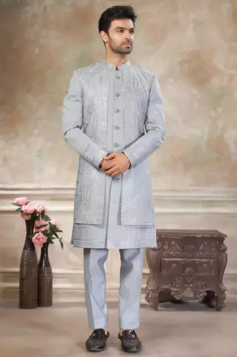 Grey pure viscos with embroidery and sequence work indowestern collections