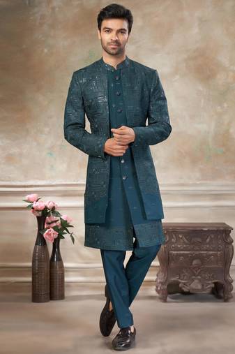 Teal blue pure viscos with embroidery and sequence work indowestern collections