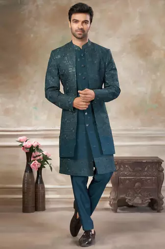 Teal blue pure viscos with embroidery and sequence work indowestern collections
