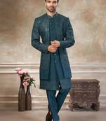 Teal blue pure viscos with embroidery and sequence work indowestern collections