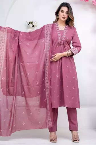 Floral embroidered pink round neck kurat set with trouser & dupatta