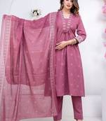 Floral embroidered pink round neck kurat set with trouser & dupatta