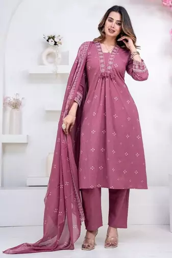Floral embroidered pink round neck kurat set with trouser & dupatta