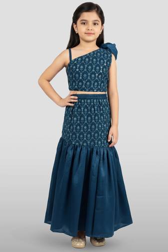 Vastramay girls turquoise georgette lehenga set - one shoulder sequined festival outfit