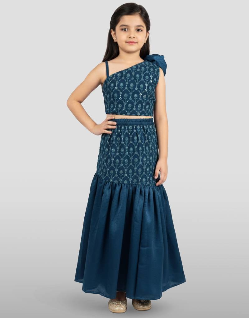 Vastramay girls turquoise georgette lehenga set - one shoulder sequined festival outfit