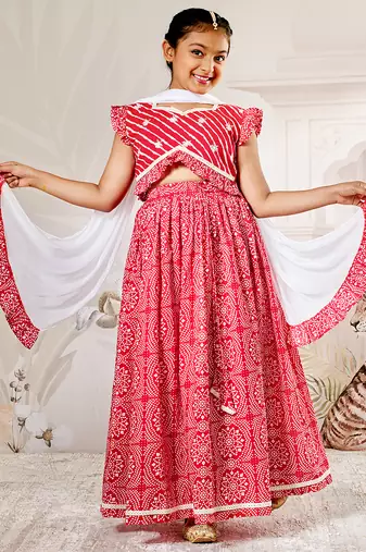 girls traditional red cotton lehenga set with embroidery mirror work and dupatta for wedding festival wear