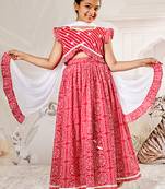 girls traditional red cotton lehenga set with embroidery mirror work and dupatta for wedding festival wear