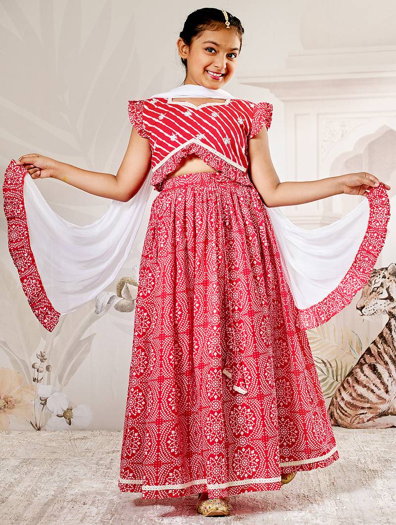 Vastramay girls traditional red cotton lehenga set with embroidery mirror work and dupatta for wedding festival wear