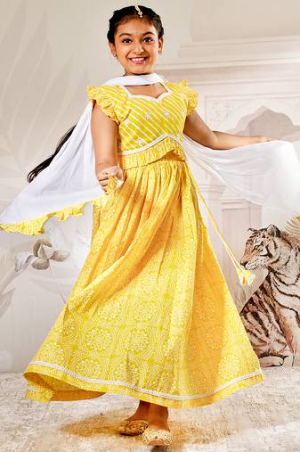 Vastramay girls traditional yellow cotton lehenga set with embroidery mirror work and dupatta for wedding festival wear