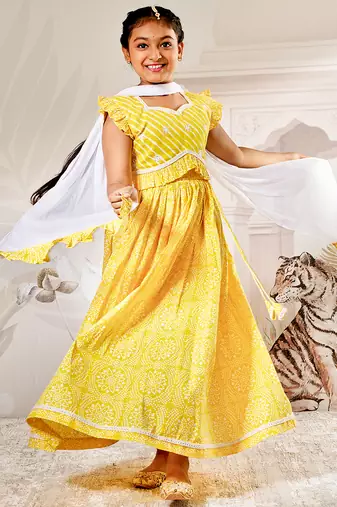 girls traditional yellow cotton lehenga set with embroidery mirror work and dupatta for wedding festival wear