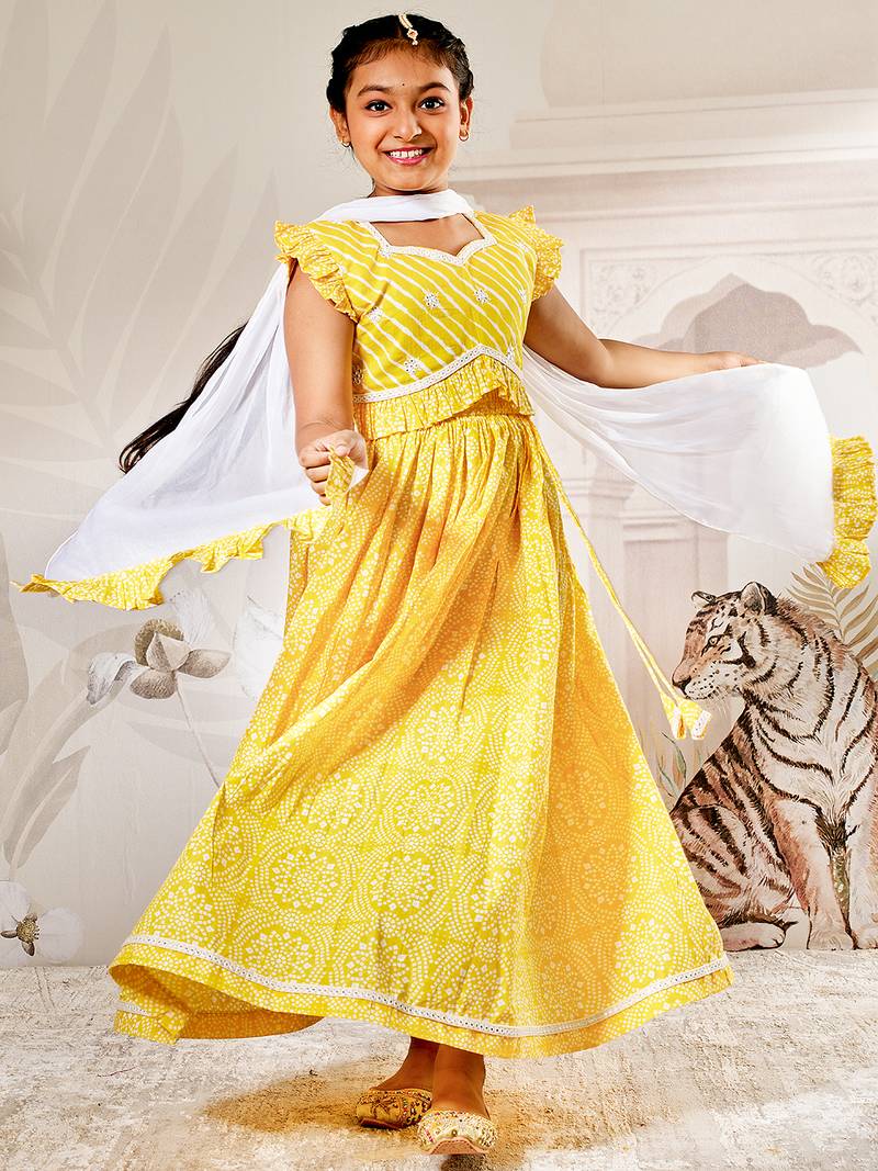 Vastramay girls traditional yellow cotton lehenga set with embroidery mirror work and dupatta for wedding festival wear