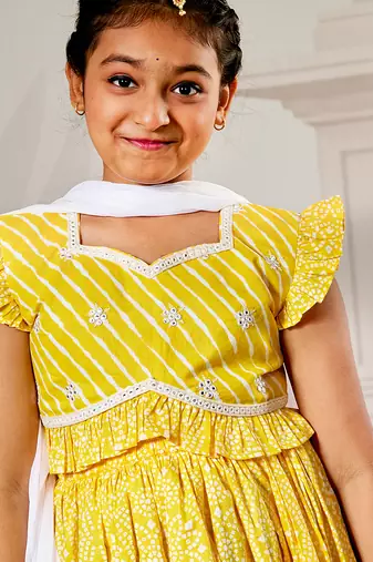 girls traditional yellow cotton lehenga set with embroidery mirror work and dupatta for wedding festival wear