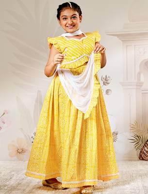 girls traditional yellow cotton lehenga set with embroidery mirror work and dupatta for wedding festival wear 3