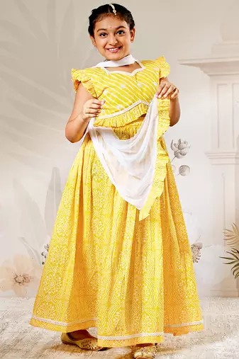 girls traditional yellow cotton lehenga set with embroidery mirror work and dupatta for wedding festival wear