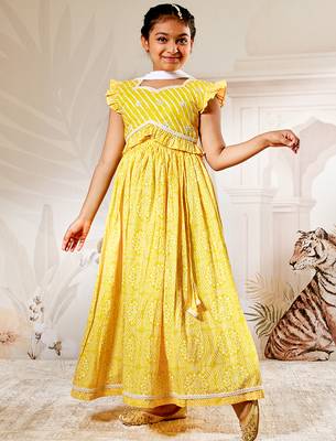 girls traditional yellow cotton lehenga set with embroidery mirror work and dupatta for wedding festival wear 4