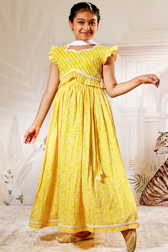 girls traditional yellow cotton lehenga set with embroidery mirror work and dupatta for wedding festival wear