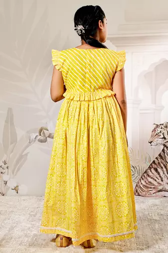 girls traditional yellow cotton lehenga set with embroidery mirror work and dupatta for wedding festival wear