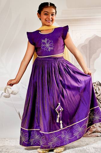 Vastramay girls traditional purple silk lehenga set with thread embroidery and gold dupatta for wedding party wear
