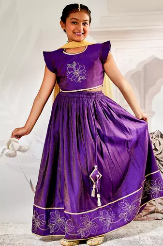 girls traditional purple silk lehenga set with thread embroidery and gold dupatta for wedding party wear