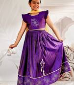 girls traditional purple silk lehenga set with thread embroidery and gold dupatta for wedding party wear