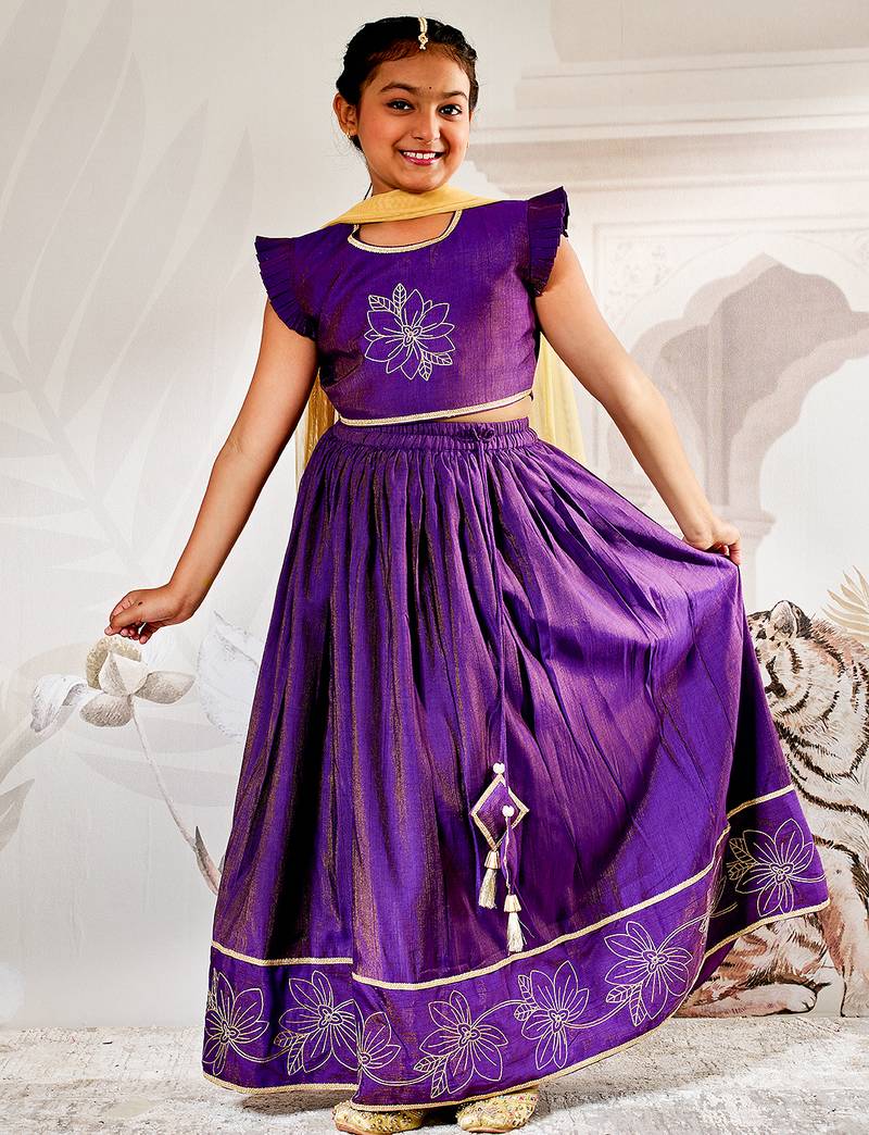 Vastramay girls traditional purple silk lehenga set with thread embroidery and gold dupatta for wedding party wear