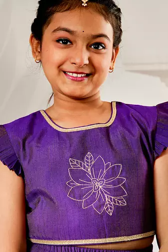 girls traditional purple silk lehenga set with thread embroidery and gold dupatta for wedding party wear