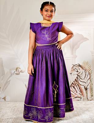 girls traditional purple silk lehenga set with thread embroidery and gold dupatta for wedding party wear 3