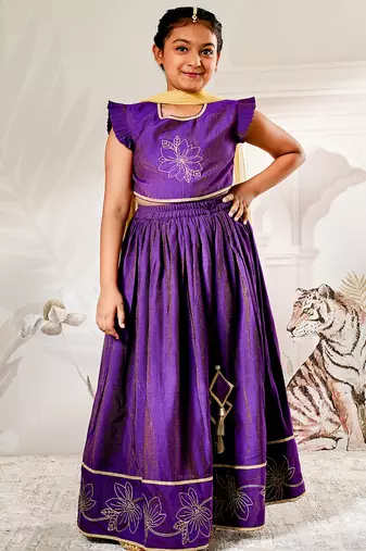 girls traditional purple silk lehenga set with thread embroidery and gold dupatta for wedding party wear