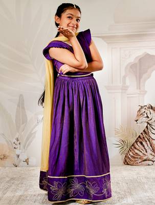 girls traditional purple silk lehenga set with thread embroidery and gold dupatta for wedding party wear 4