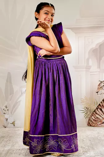 girls traditional purple silk lehenga set with thread embroidery and gold dupatta for wedding party wear
