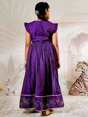girls traditional purple silk lehenga set with thread embroidery and gold dupatta for wedding party wear 5