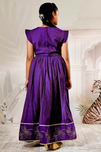girls traditional purple silk lehenga set with thread embroidery and gold dupatta for wedding party wear