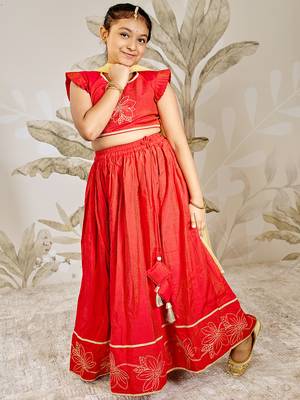 girls traditional red silk lehenga set with thread embroidery  1