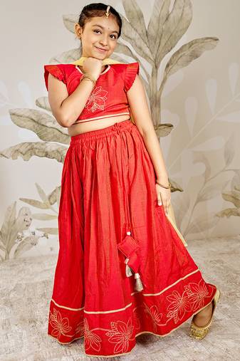 girls traditional red silk lehenga set with thread embroidery 
