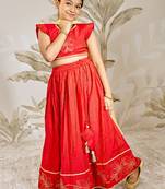 girls traditional red silk lehenga set with thread embroidery 