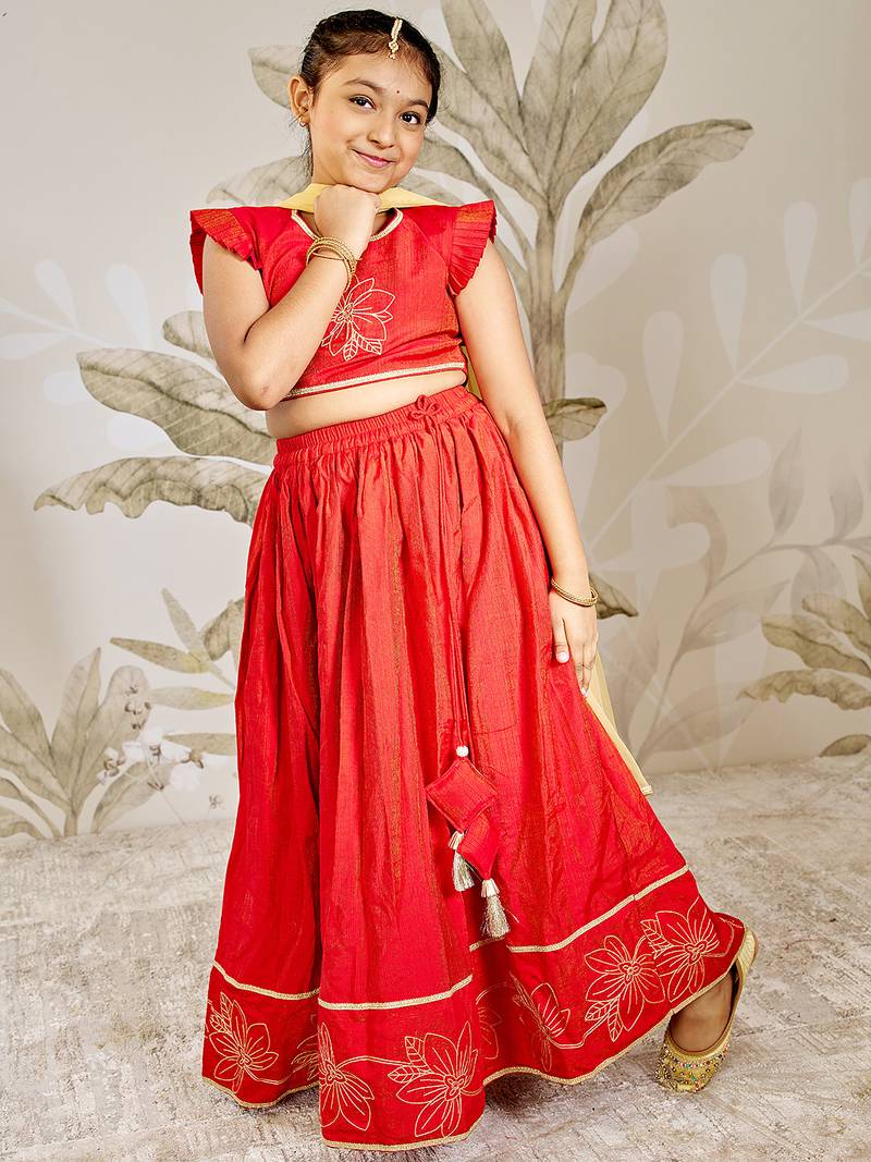 girls traditional red silk lehenga set with thread embroidery 