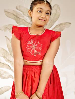 girls traditional red silk lehenga set with thread embroidery  2