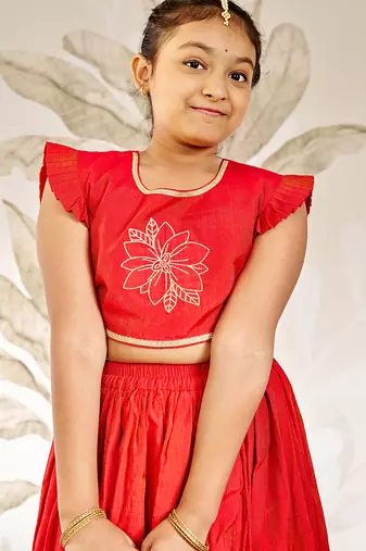 girls traditional red silk lehenga set with thread embroidery 