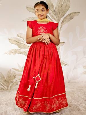 girls traditional red silk lehenga set with thread embroidery  3