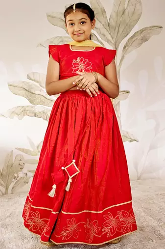 girls traditional red silk lehenga set with thread embroidery 